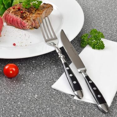 Набір столових приборів GRÄWE для стейку, 12 предметів, на 6 осіб, нержавіюча сталь, полірована, важкі, для посудомийної машини, чорна ручка Нюрнберг