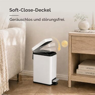 Сміттєвий кошик для ванної кімнати з педаллю та Soft-Close кришкою, 5 л, з виймаю одним внутрішнім відром, компактний смітник для кухні та спальні, чорний/білий