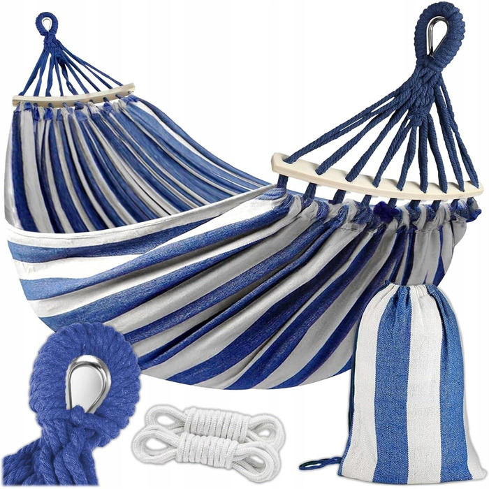 Гамак KRUMAD 260 см, до 250 кг, вологостійкий, бавовна-поліестер, для саду, балкону, кемпінгу, з дерев'яними розпірками та сумкою (блакитно-білий, без каркасу)