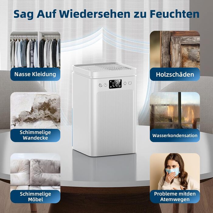 Електричний осушувач повітря 2.2L, портативний, тихий, з таймером 2-12H, 7 кольорів підсвічування, автоматичне відключення, для спальні, підвалу, ванної кімнати (білий)