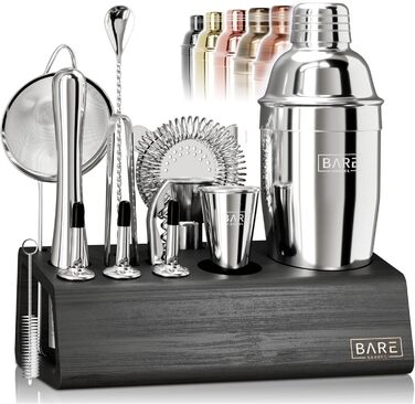 Bare Barrel Pro Cocktail Set - 14-Piece Boston Shaker Set with Stand & Recipe Cards - Bar Accessories - 24oz Cobbler Shaker (Jet Black, Silver, Black)