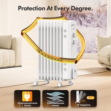 Електричний масляний радіатор VonHaus 2000W з 9 ребрами, 3 режими, термостат, 4 колеса, 1.5м кабель (білий)