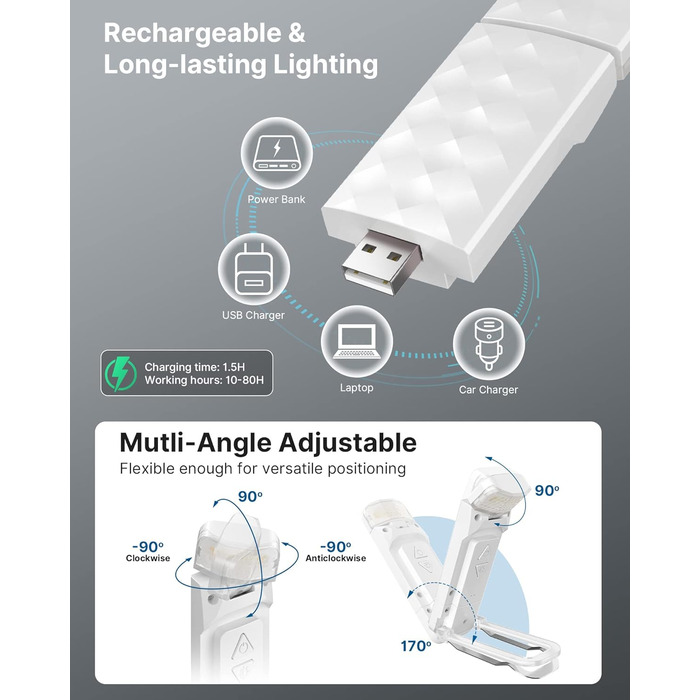 LED лампа для читання Mexllex на прищіпці, перезарядна, 3 кольори, 5 рівнів яскравості, нічник для дітей, білий