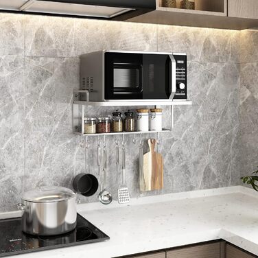 K-101 2-Layer Silver Aluminum Alloy Microwave Rack Oven Stand Kitchen Shelf Holder Wall Mount, Hanging with 10 Hooks