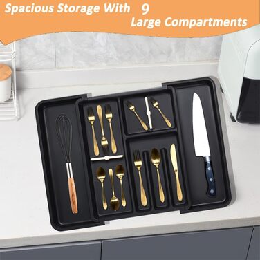 Органайзер для столових приборів ZHUlYIWIN в шухляду, розсувний, з тримачами для ножів, чорний