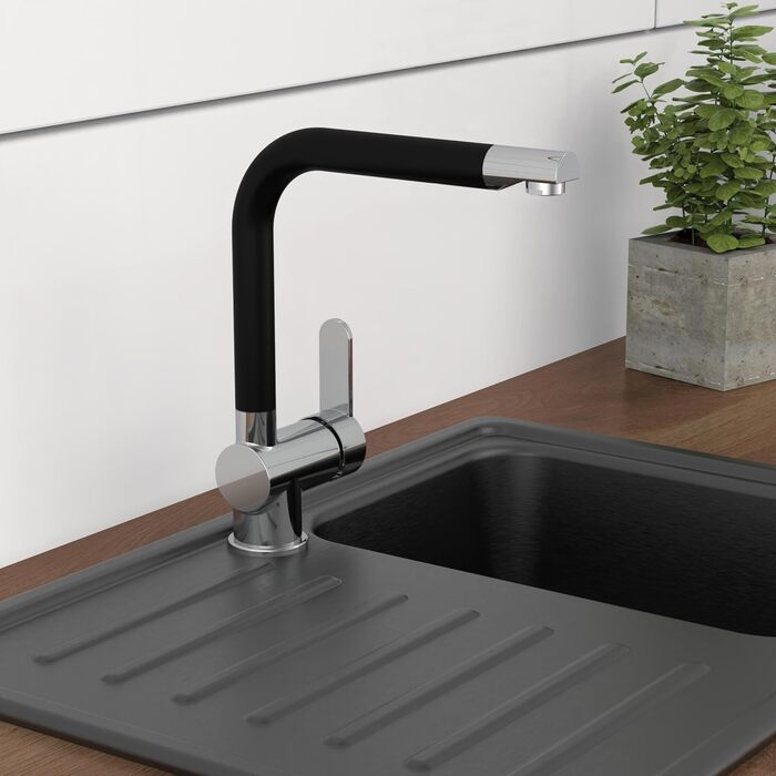 Шутер кухонний змішувач RIO 360° (хром/чорний мат), поворотний вилив, для однієї/двох мийок