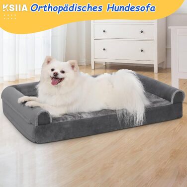 KSIIA Orthopedic Dog Bed for Large Dogs, 105x70x18cm, Removable and Washable Cover, XL Dog Couch with THREE Raised Edges, Non-Slip Bottom, Egg Crate Foam Dog Basket, (L 90 x W 57 x H 16 cm, Light Grey)