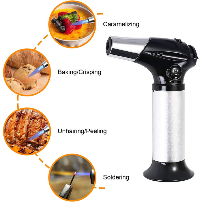 Газовий пальник Flintronic для крем-брюле, приготування їжі та барбекю, з 3-ма соплами, 2 щітками, блокуванням безпеки (Butan в комплекті не входить), сріблястий (#3 901-чорний)