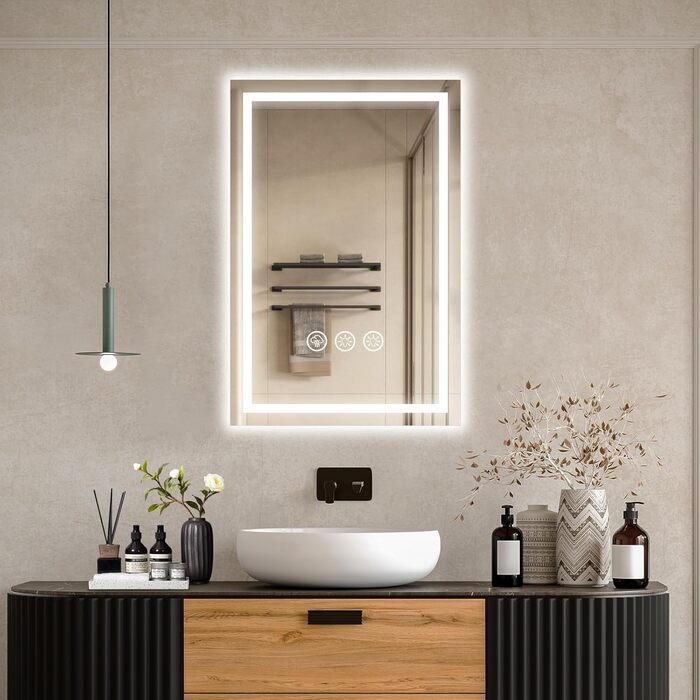 Дзеркало для ванної кімнати 40x60 см з LED-підсвічуванням, антизапар, регулювання яскравості, 3 кольори світла