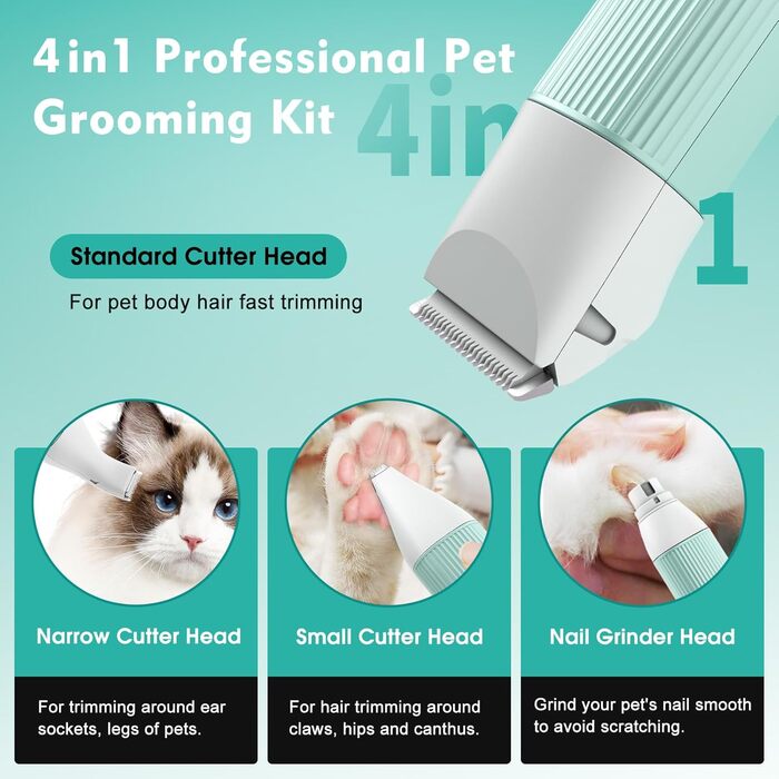 Професійна машинка для стрижки собак та котів Hoofun 4-в-1, IPX7, бездротова, з 4 насадками, для собак, котів, кроликів (біла/блакитна)