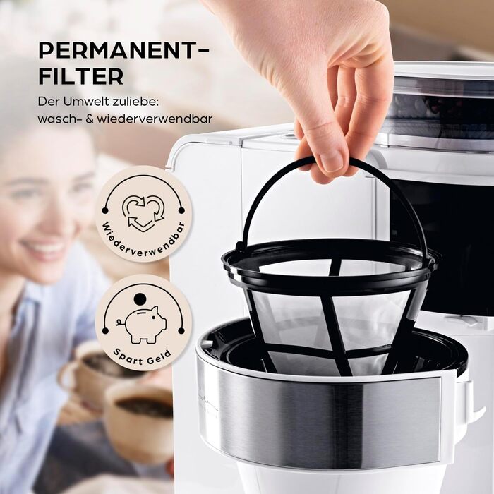 Кавомашина Barista Filterkaffeemaschine з регульованим млинком та термокружка | Функція підігріву, таймер 24 год та постійний фільтр | Для 10 чашок кави | Кавомашина для зерен та меленої кави [Нержавіюча сталь] (9) Weiß (Pro Design) - Термокружка - з