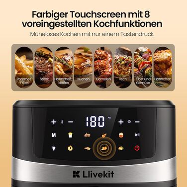 Аерофритюрниця LLIVEKIT 7л з оглядовим вікном, 8-в-1, чорно-срібна. Економія олії 95% та енергії 70%. З функцією підігріву.