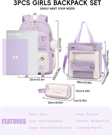 Рюкзак Tanou для дівчаток, шкільний набір: рюкзак, сумка через плече та пенал. Шкільний рюкзак для підлітків та школярів, фіолетовий колір