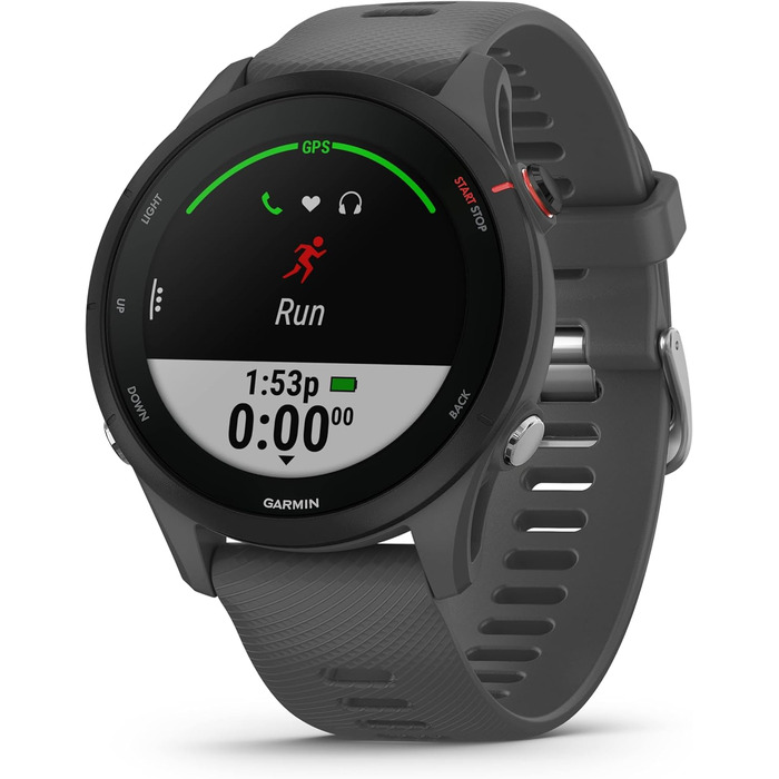 Garmin Forerunner 255 – GPS-годинник для бігу з індивідуальними планами тренувань, функціями для бігу та детальною аналітикою. 1.3' дисплей, до 14 днів роботи від акумулятора, водонепроникний (Non-Music, 46 мм, Шкіряний сірий)
