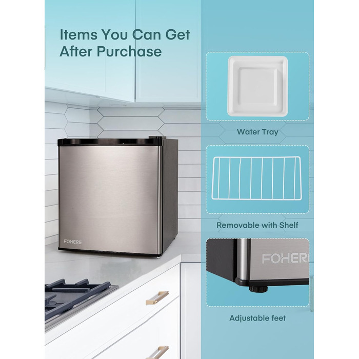 Міні холодильник 46 л з відділенням для льоду, тиха робота 42 дБ, регулювання температури, для кухні, офісу, спальні, готелів та маленьких квартир (колір нержавіюї сталі)