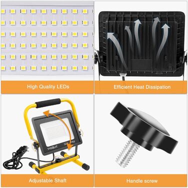 Набір з 2 LED прожекторів wowspeed 100W 10000Лм, холодне біле світло 6500K, водонепроникні (IP66) будівельні лампи зі шнуром 3м і штекером для майстерні та будівництва