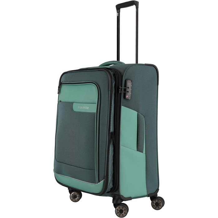 Travelite 4-Wheel Luggage Size L, Softshell made from recycled material, Luggage Series VIIA: Trolley with expandable gusset + edge protection, 77 cm, 91-103 liters (Trolley M extended (67 cm), Eucalyptus (Green))