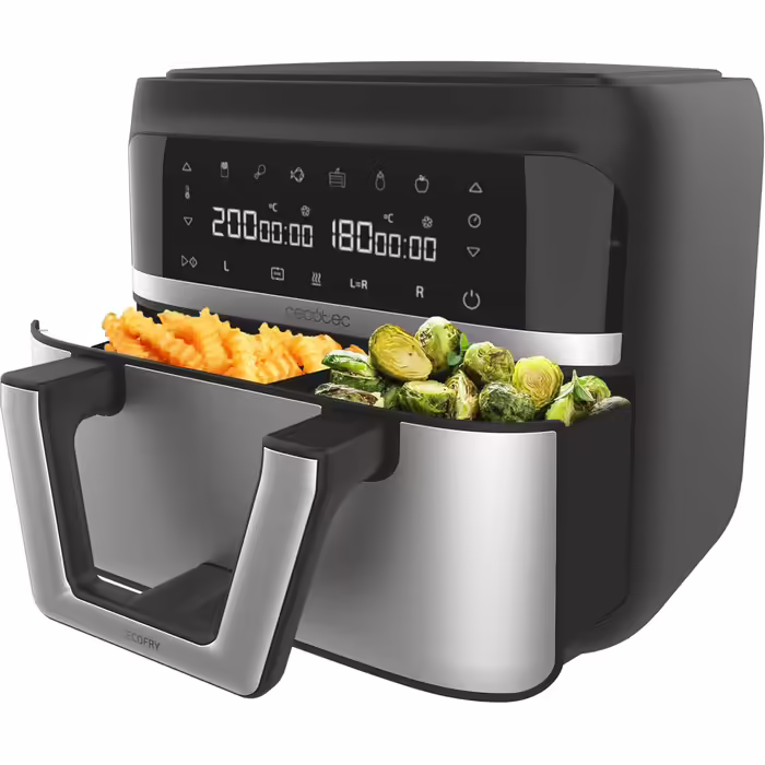 Cecotec Oil-Free Hot Air Fryer - 9L divisible into 2 - Air Fryer Cecofry Dual 9000. 2850W, dietary and digital, touch panel, dual temperature control, 6 modes, PerfectCook technology Black and Stainless Steel 1 9L basket + divider