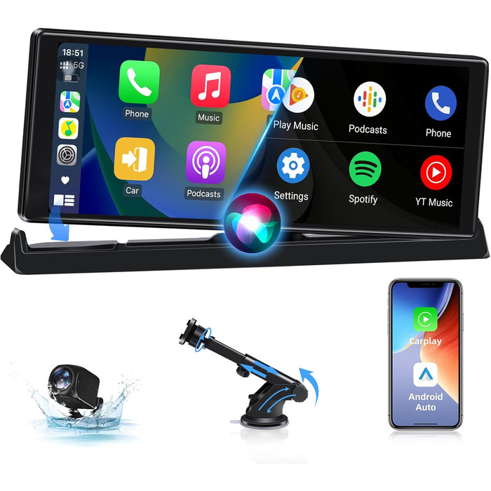 Автомобільний дисплей 10,26'' CarPlay/Android Auto з сенсорним екраном, підставкою, камерою заднього виду, GPS-навігацією, підтримкою Siri/Google для авто 2025, Buddy Display