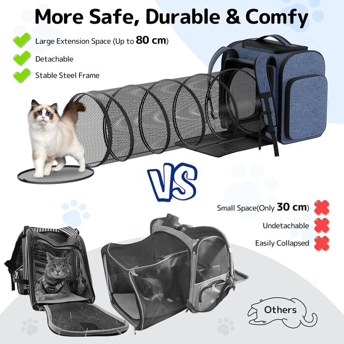 Рюкзак для кота Pawtners з розширеним тунелем для ігор, схвалений авіакомпаніями, для собак та котів до 11,3 кг, складаний, блакитний (40 x 32 x 38 см)