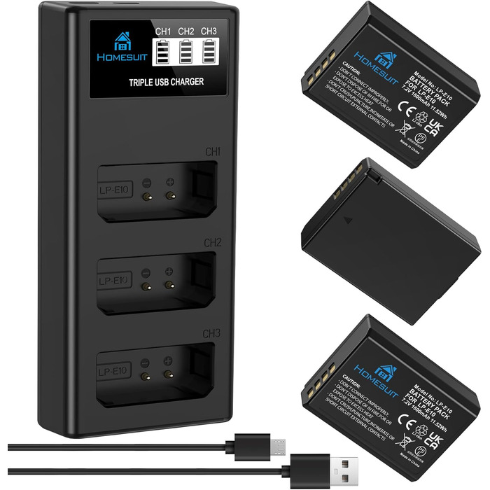 Акумулятор LP-E10 1600mAh Homesuit + LED зарядний пристрій для Canon EOS 1100D, 1200D, 1300D, 2000D, Rebel T3, T5, T6, T7, Kiss X50, Kiss X70 (2 шт. акумулятори + 1 зарядний пристрій)
