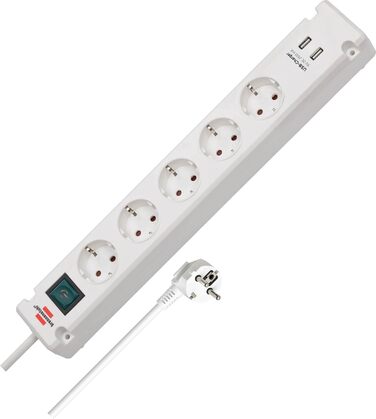 Смуга розеток Brennenstuhl Bremounta з USB-зарядкою (5 розеток, вимикач, для кріплення на стіну, 2x та 3м кабель, білий)