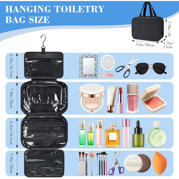 Сумка-органайзер для косметики та аксесуарів для жінок з гачком, чорна. Водонепроникна дорожня сумочка з кількома відділеннями