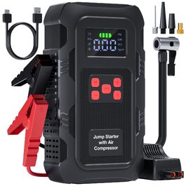 Пусковий пристрій Povasee Jump Starter 9000A з компресором 150 PSI та павербанком, автомобільний бустер 12V для бензинових та дизельних авто, з ліхтарем (Чорно-червоний)
