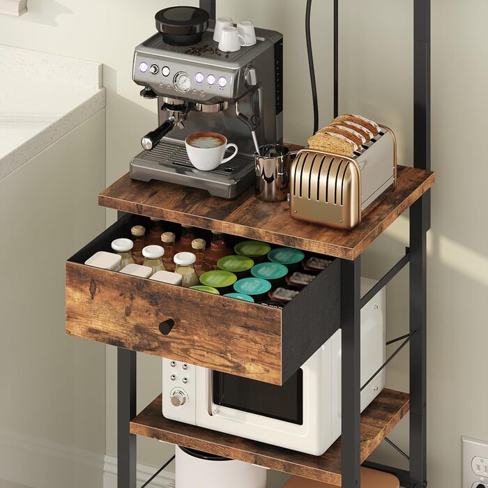 Стелаж кухонний з розетками, стелаж для пекаря, підлоговий стелаж, 34 x 48 x 139 см, стелаж для випічки з шухлядами, стелаж для мікрохвильової печі, 4 S-гачки, для кухні, вітальні, їдальні, коричневий та чорний ABRHR48UE01