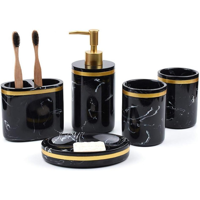 Набір аксесуарів для ванної кімнати, 5 шт., чорний, люкс, мармуровий малюнок, зубна щітка, дозатор мила, стакан, мильниця