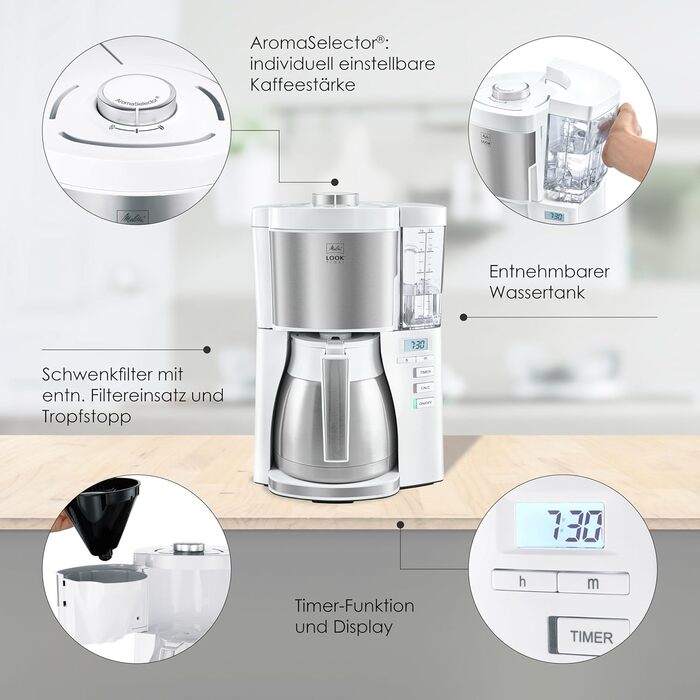 Melitta Look Therm Timer - Filter Coffee Machine - with Thermos Carafe - Timer Function - Drip Stop - White (1025-17) White with Thermos Carafe Single