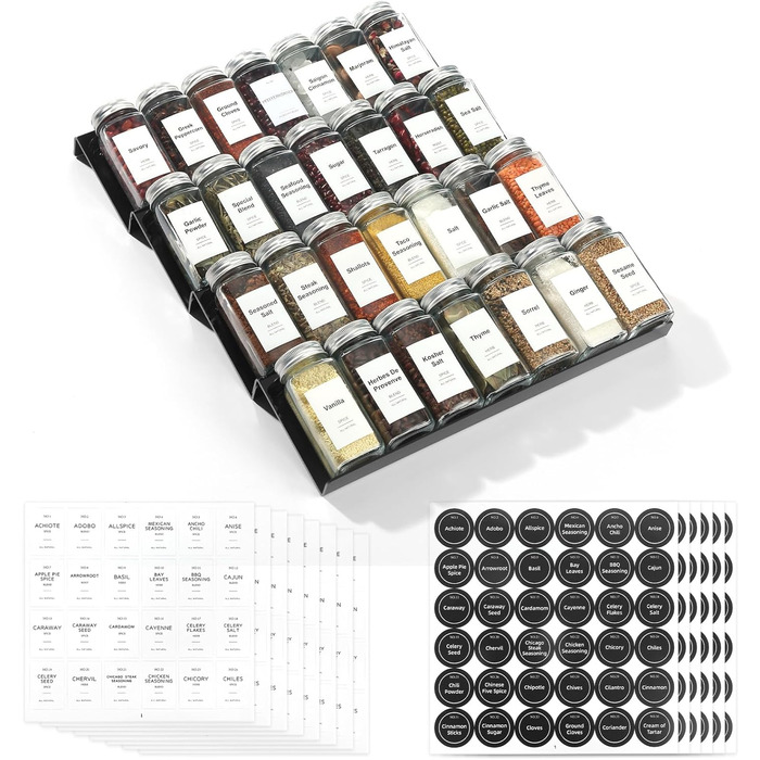 Black Spice Drawer Organizer with 28 Spice Jars, 348 Labels, Sifter and Pour Lids with Airtight Aluminum Caps, 4-Tier Clear Acrylic Drawer Tray Rack with Spice Containers
