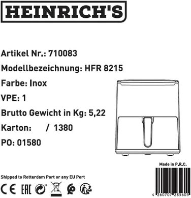 Фритюрниця повітряна HEINRICHS 9 літрів XXL, 10-в-1, LED-дисплей, 1800W, для здорового харчування