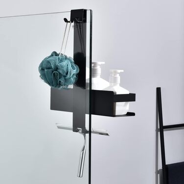 HomeHeng Shower Shelf for Hanging, Stainless Steel Shower Basket Shelf, Matte Black Shower Shelf Shampoo Holder with Hooks for Glass Shower Enclosure, H30MB-1DH