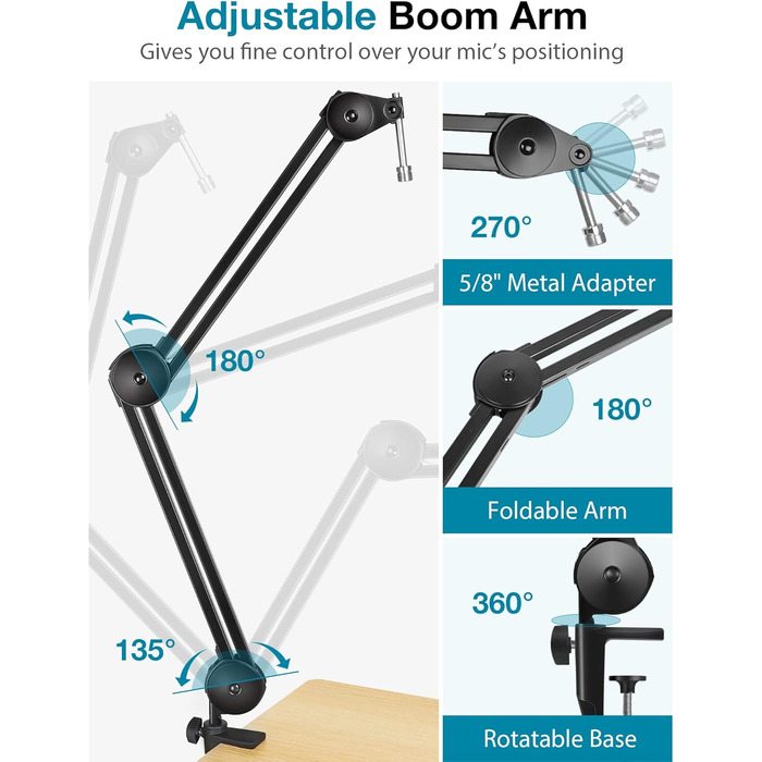 Підставка для мікрофона InnoGear – міцна підставка з регульованим кріпленням та кабелетримачами для Blue Yeti, Snowball, Hyper X, QuadCast, SoloCast, Fifine (компактна)
