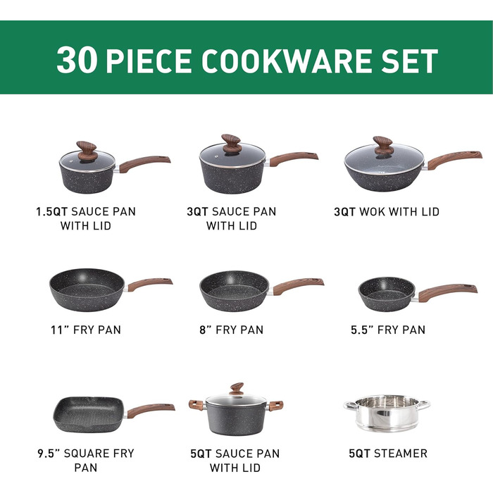 Набір посуду Kitchen Academy 30 предметів з антипригарним покриттям, індукційний, гранітний, чорний