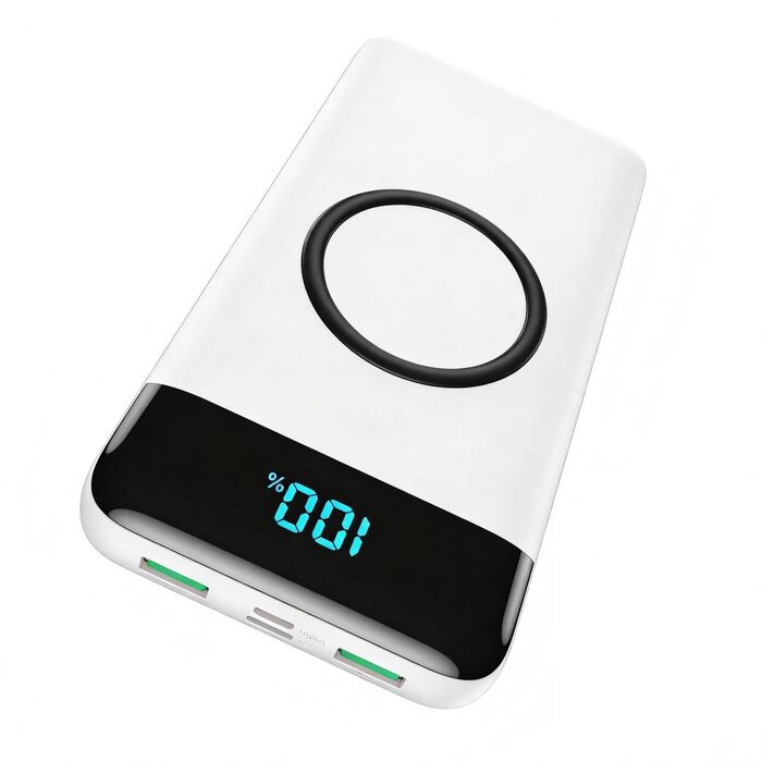 Бездротовий Power Bank 26800mAh 25W PD 3.0 + QC 4.0, зовнішній акумулятор з LCD-дисплеєм та підтримкою швидкої зарядки 15W, 4 USB виходи для iPhone, Samsung, Huawei, Oppo — Білий, Слім