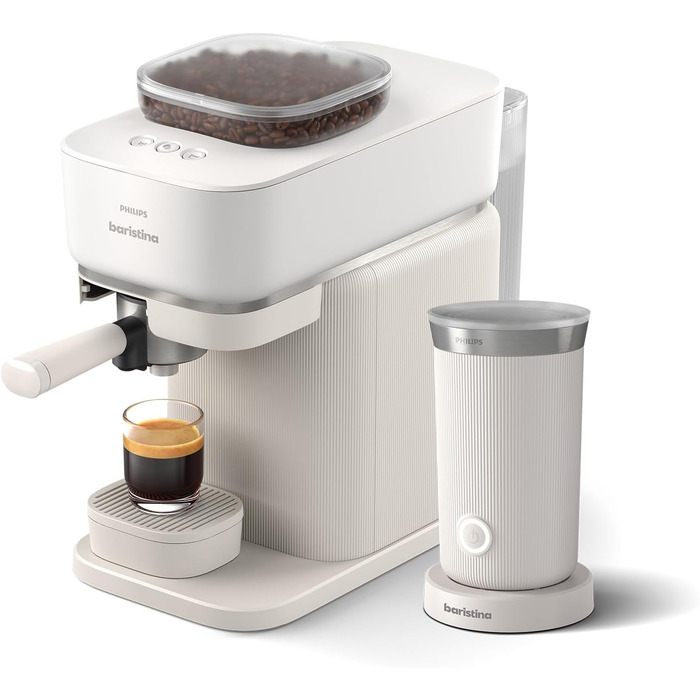 Кавоварка еспресо Philips Baristina з автоматичним млинком і капучинатором, 16 бар, натурально-біла, комплект для приготування кави та молочної піни