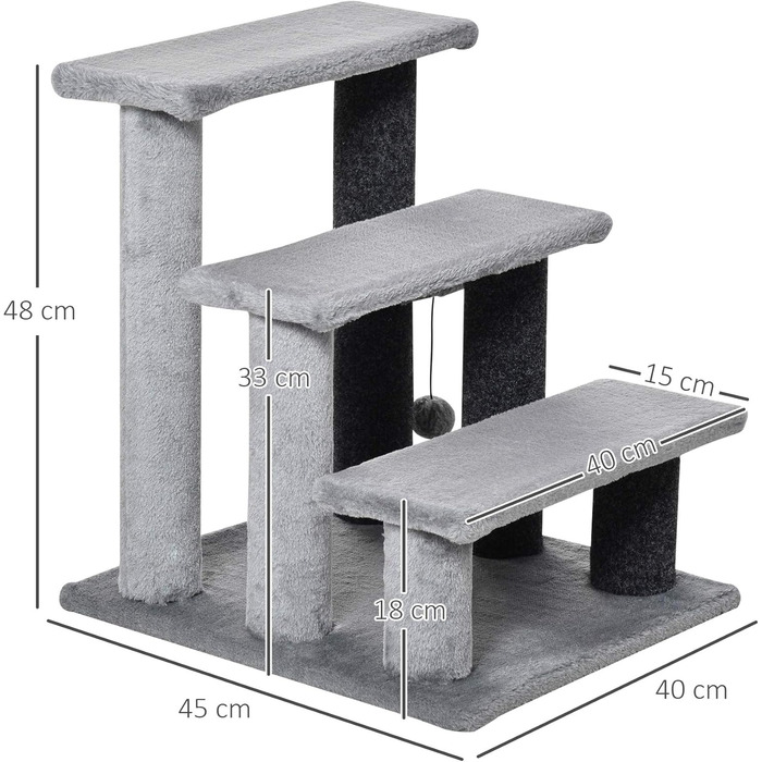 Сходинка для котів PawHut 3-ступенева, з когтеточками, для собак та інших тварин, плюш, джут, сіра, 45 x 40 x 48 см
