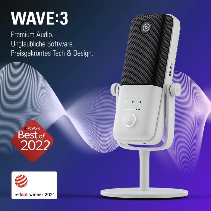 Мікрофон Elgato Wave:3 White - USB конденсаторний для стрімінгу, подкастів, геймінгу та роботи. З безкоштовним ПЗ