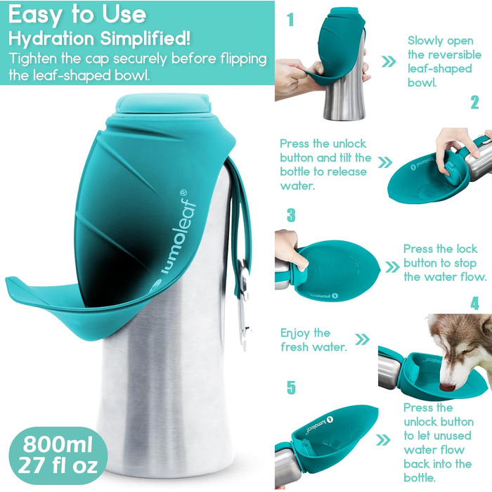 LumoLeaf Stainless Steel Dog Water Bottle - 800ml Portable Pet Water Dispenser for Travel, Hiking & Camping (Blue)