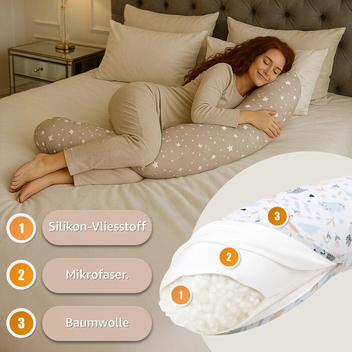 Подушка для вагітних Totsy Baby XXL 190 см - подушка для сну на боці, підтримка тіла, бавовна Oeko-Tex, бежево-біла зі зірками
