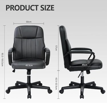 Офісне крісло MIXASTEP з PU-шкіри, поворотне, регульована висота, міцні підлокітники, 360° колеса, для роботи, навчання, ігор (Чорний)