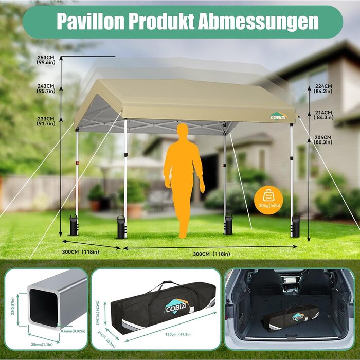 COBIZI Gazebo, Pop-up Gazebo, Waterproof, Stable, 275 cm Party Tent, UV Protection 50+, Foldable Gazebo with Wave Pattern for Camping, Beach, Family Gatherings (White) (Khaki, 3x3m with 1 Side Walls)