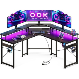 Ігровий стіл ODK 129x129 см з LED підсвіткою, розетками і USB, комп'ютерний стіл з великою полицею для монітора, карбон, чорний
