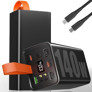 Портативний акумулятор 140W 70000mAh з 5 виходами USB-C, PD3.1, QC4.0, LED-дисплеєм, ліхтариком, для ноутбука, телефону, планшета, подорожей, кемпінгу, чорний