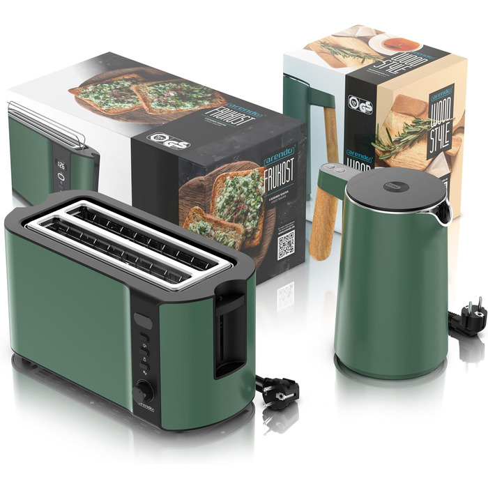 Набір кухонної техніки Arendo: електрочайник з регулюванням температури та тостер з 4-ма слотами (зелений)