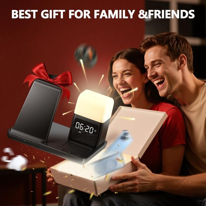 Багатофункціональна зарядка 6 в 1 з індуктивним бездротовим зарядним пристроєм, будильником та нічником, сумісна з Samsung Galaxy S25/24/Galaxy Buds3/Galaxy Watch, iPhone 16/15/AirPods4/3, жовта