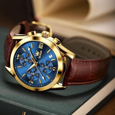 Чоловічий годинник OLEVS Vintage з шкіряним ремінцем, велике циферблат, водостійкий, аналоговий годинник з датою (2872, блакитний циферблат/коричневий ремінець)