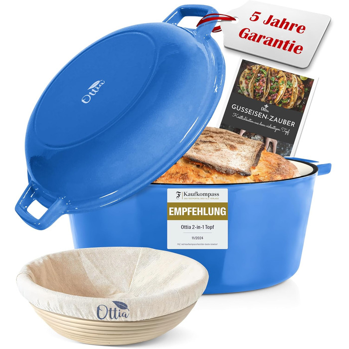 Enameled Cast Iron Pot [incl. Proofing Basket] - High-Quality Enamel Pot 26cm - Ideal cast iron bread pot for baking, cast iron pot for baking bread, roasting pot, Dutch oven, also suitable for induction